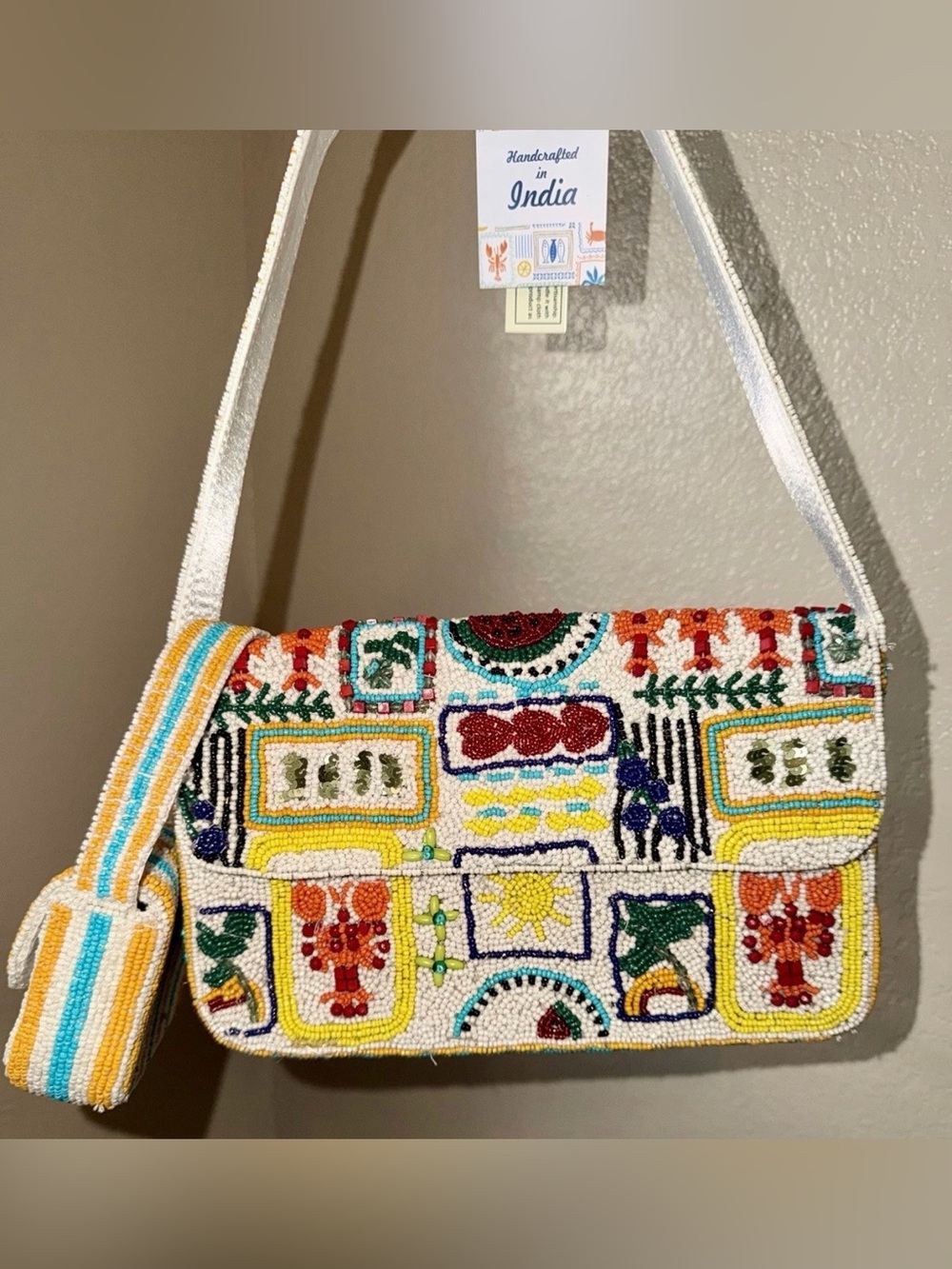 NWT Handcrafted Beaded India Lobster Summer Shoulder Bag Multicolor w Coin Pouch